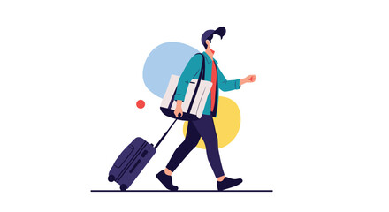 Modern flat design illustration of a faceless young man in a cap walking with a suitcase and a tote bag for travel.
