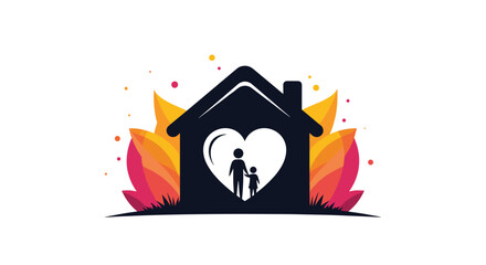 Caring home and family logo concept featuring a house silhouette with a heart shape enclosing a parent and child inside.