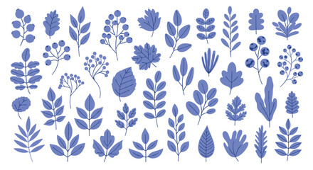 Large collection of stylized blue leaves branches and berries in a flat design style isolated on a white background.