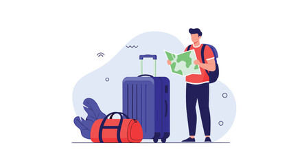 Young male tourist with a backpack and suitcase standing and looking at a map to plan his travel route or destination.