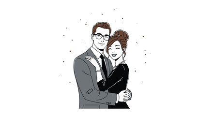 A stylish and romantic retro couple in formal wear embracing lovingly in a black and white line art illustration style.