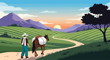 Beautiful rural landscape at sunset with a farmer in a traditional hat leading a mule along a path through green fields.
