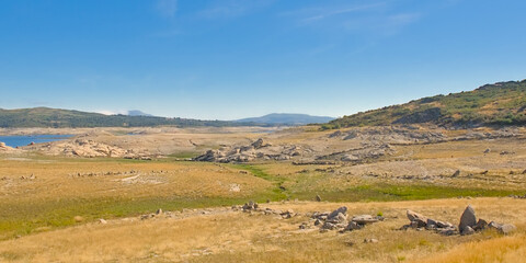 Fototapeta premium field with remains pre celtic walls built of big rocks. Montalegre, Portugal 