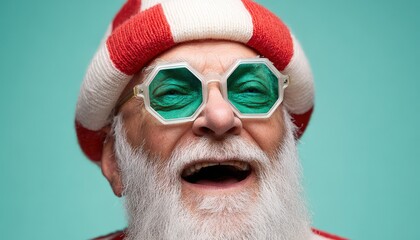 Cheerful elderly man with long white beard wears colorful striped hat and green tinted novelty eyeglasses against a solid background