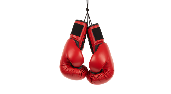 Red boxing gloves hang suspended