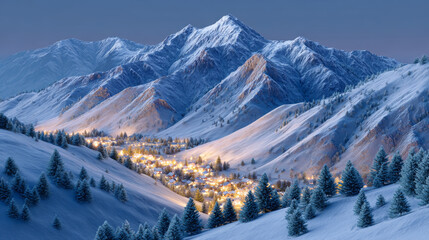 Here description and keywords based image and instructions breathtaking view of snow covered mountain village night, twinkling lights below majestic peaks evoke sense of calm and wonder starlit