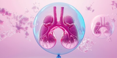 A transparent balloon with a human lung inside, floating in a pink and blue gradient background with a blurred pink and white cloud-like pattern.