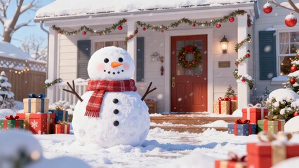 A cute snowman in a red scarf in the snowy front yard of a house decorated for Christmas. A festive scene with gifts for the winter holidays and a welcoming atmosphere.