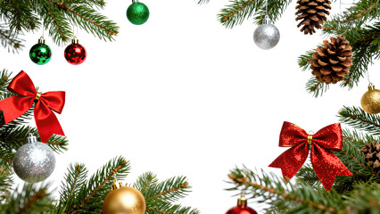 Christmas frame made of flying decorations, fir branches, pine cones, and red bows, isolated on a white background. Festive composition and holiday border for your design with copy space.