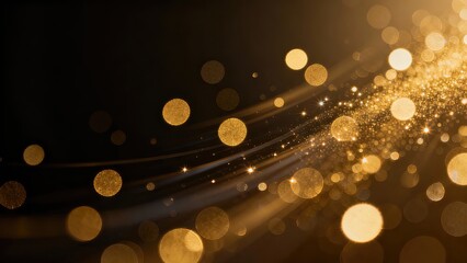 Abstract background with a wave of golden bokeh, glitter, and sparkling stars on a dark background. Festive, luxurious design for the holidays with copy space.