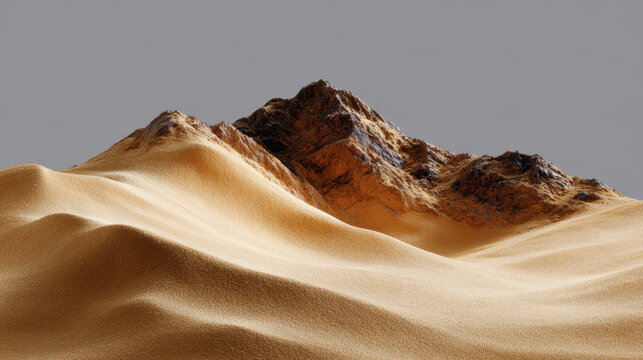 Vast desert landscape evokes feelings of remoteness and tranquility, featuring windswept sand dunes and rugged rock formations under serene sky