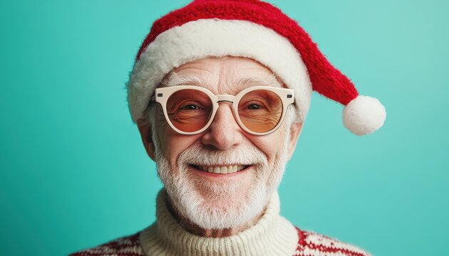 Elderly gentleman wearing festive headwear and tinted spectacles smiles cheerfully against a bright background