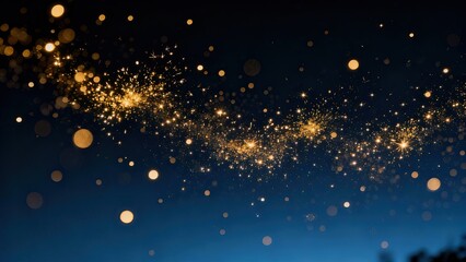 Sparkling golden bokeh lights curving across a dark blue background, evoking a magical starry night or festive trail with copy space for holiday themes.