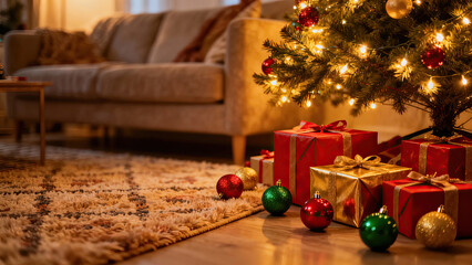 Cozy living room interior with a lit Christmas tree, stacked wrapped gifts in red and gold, and colorful hanging baubles on a warm holiday evening. Festive home atmosphere with sofa, rug, and copy spa
