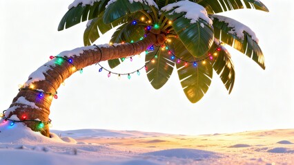 A snow-covered palm tree decorated with colorful Christmas lights on a snowy beach at sunset. A tropical Christmas and an unusual holiday concept with copy space for your design.
