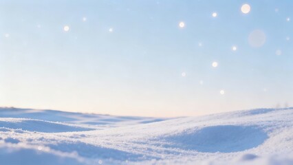 Peaceful winter landscape with soft snow hills under a pastel sky at sunrise. Magical festive background with sparkling snow and bokeh lights, copy space for your design.