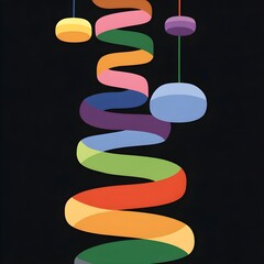 Seamless textile print featuring vibrant confetti twist loops with multicolor spirals and thin curly lines floating on a matte black backdrop.