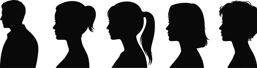 Human head profile silhouettes vector set, man and woman side view avatars with various hairstyles, anonymous face icons