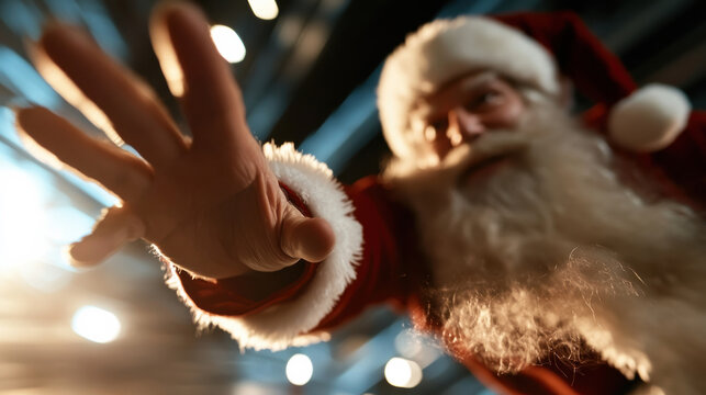 A blurred image of Santa reaching out towards the viewer, symbolizing warmth and connection during the festive season enriched by a dynamic play of light.
