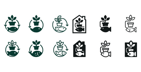 Aquaponics icon set: plant and fish eco-symbols for sustainable gardening
