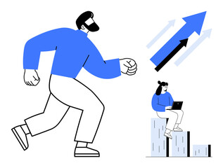 Man striding confidently forward, woman working on a laptop atop bar graphs, and upward arrows. Ideal for growth, teamwork, success, progress, analytics leadership strategy. Simple flat metaphor