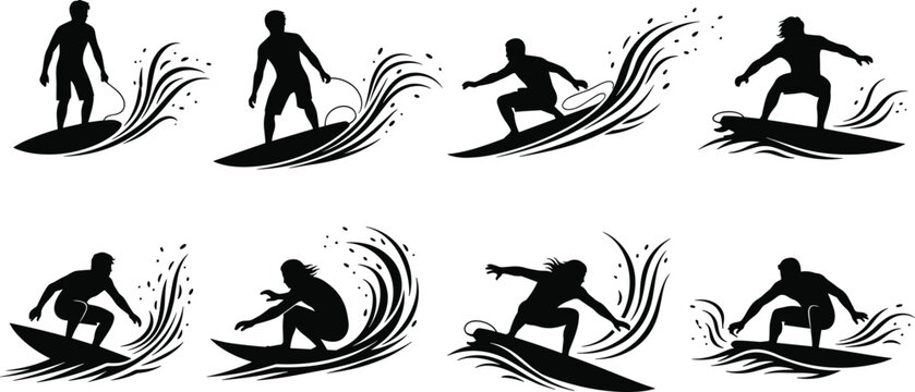 Dynamic surfer silhouette collection riding ocean waves, extreme water sports action illustration set for summer beach design, surfing movement artwork themes