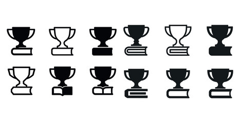 Black and white trophy and book icons: achievement and education symbols