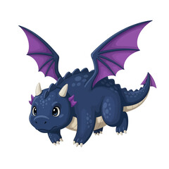 Adorable Blue Dragon with Purple Wings Illustration.