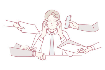 Annoyed businessman stressed with multiple hands giving papers and phones. Bothered male employee distressed with workload. Overwork. Vector illustration.