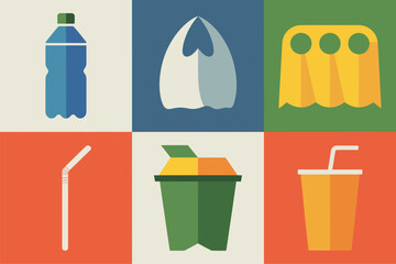 Plastic pollution grid, bottle and bag, can holder rings, straw, takeaway cup, compostable container, recycling education icons