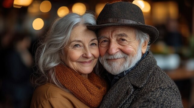 Portrait of a happy senior couple relaxing together, hugging outdoors while walking in summer park - Powered by Adobe