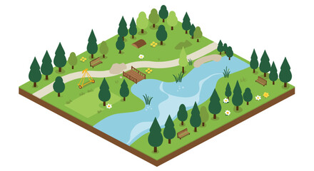 Obraz premium Isometric park landscape with river, trees, and play area