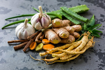 Assortment of Fresh Herbal Ingredients for Health and Wellness Naturally