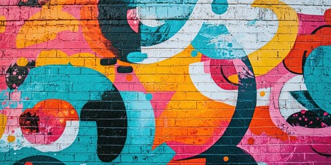 Naklejka premium A vibrant, colorful graffiti mural with abstract shapes and patterns on a brick wall.