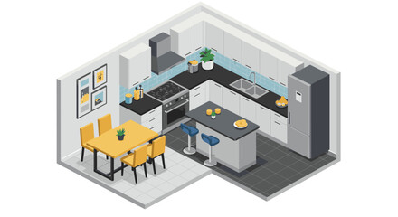 Obraz premium Isometric modern kitchen interior design with dining area and appliances