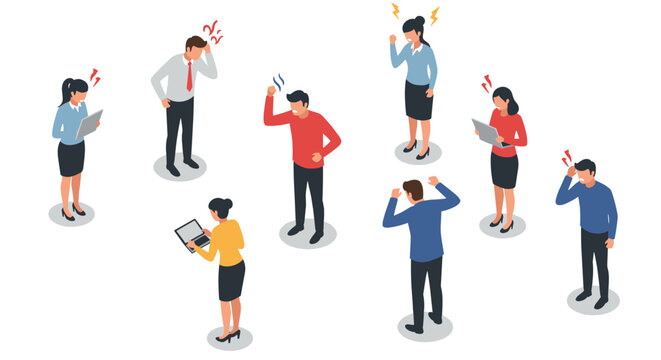 Isometric office conflict: diverse employees facing workplace challenges