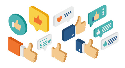 Diverse isometric thumbs up icons in modern colorful styles