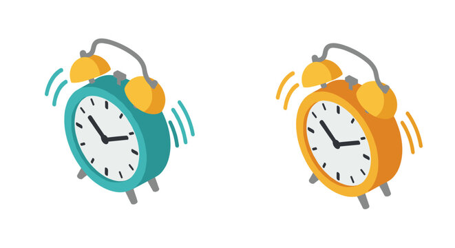 Vibrant isometric alarm clocks with motion effect on white background
