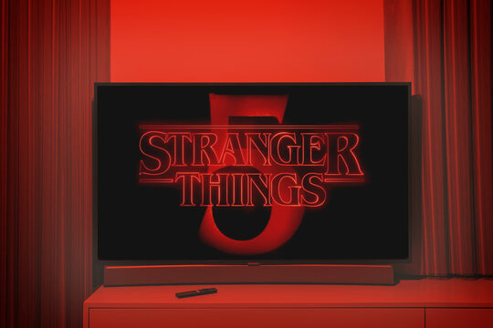 Television screen display Netflix show Stranger Things season 5