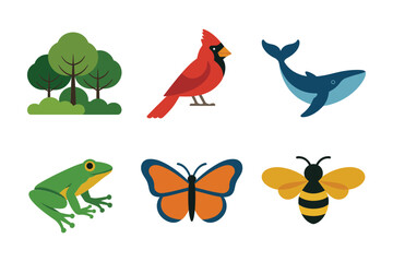 Fototapeta premium Wildlife biodiversity icons, forest tree, red bird, blue whale, green frog, orange butterfly, honey bee, conservation vector