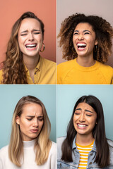 Panoramic collage of young women showing various emotional expressions, mental health concept