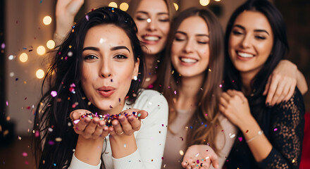 Naklejka premium Joyful young women celebrating a special occasion, blowing colorful confetti with radiant smiles, embodying happiness and friendship at a festive evening party