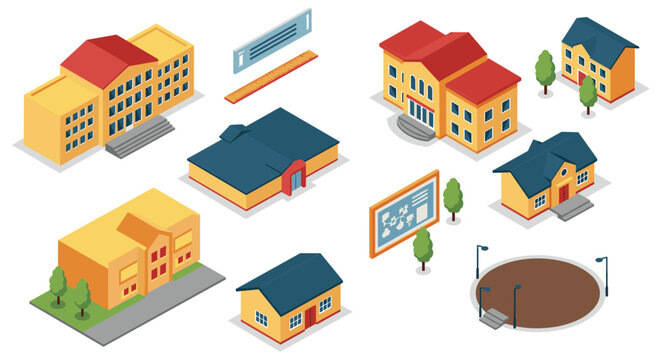 Isometric educational building set with school campus, college, and playground elements