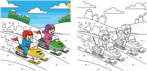 Coloring book page for kids with color guide featuring happy children riding snowmobiles in a winter mountain landscape. Vector cartoon illustration of a boy and girl playing in the snow.