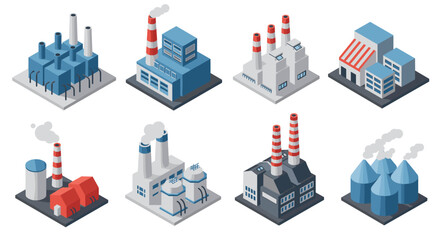 Isometric industrial buildings set featuring factories with smokestacks