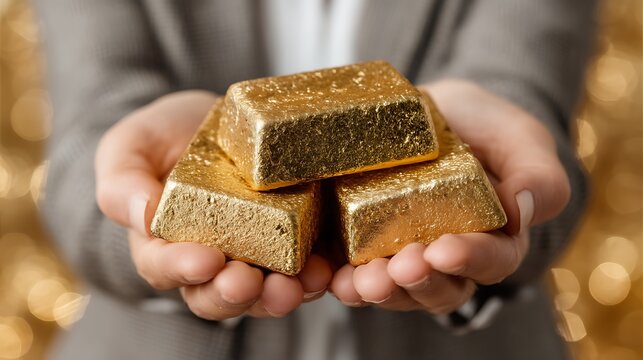 Luxurious Golden Bars Held in Hands Against a Shimmering Bokeh Background with a Touch of Wealth and Prosperity