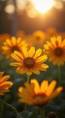 Obraz premium Yellow flowers in a field with the sun setting in the background