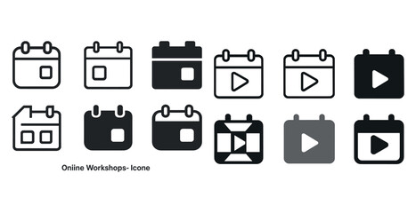 Black and white online workshop icons set with play and calendar designs