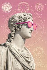 Greek gypsum statue wearing pink kaleidoscope glasses, antique and modern art combination
