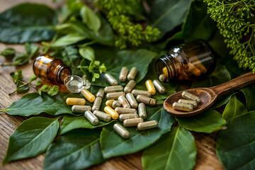 Herbal capsules with natural ingredients and green leaves for holistic wellness